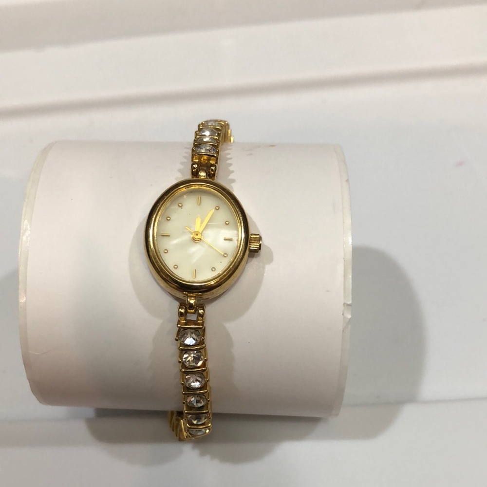 Avon Gold Tone Watch Bracelet with Rhinestones